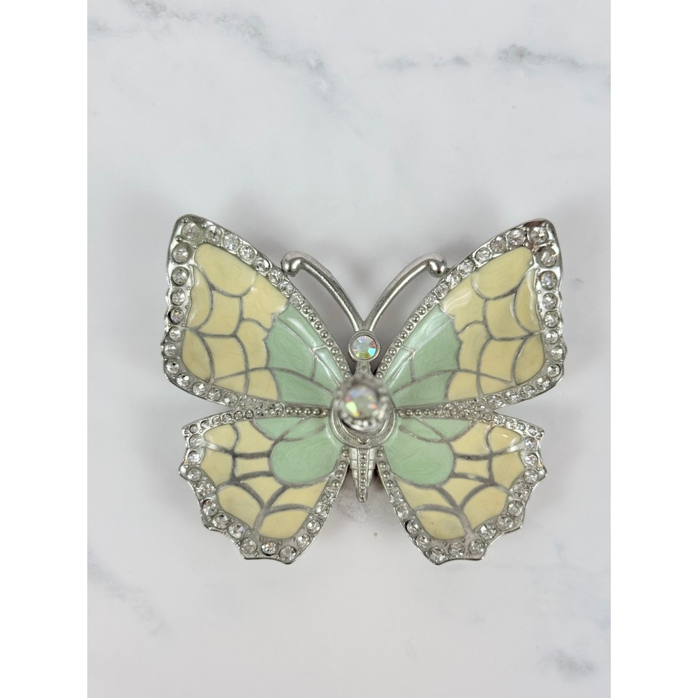 VTG Matashi Enameled Blue Cream Rhinestone Butterfly Ring Holder 3 1/2"